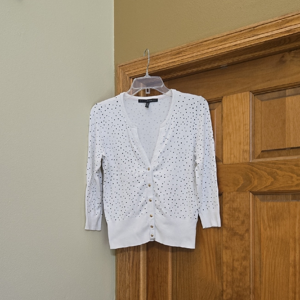 White House Black Market White Cardigan with Gold Accents